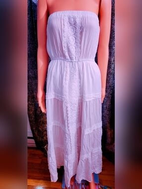 Strapless White Lace-Trim Maxi Dress